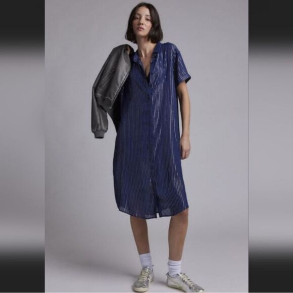 WILDFANG nwt Navy Empower Pinstripe Shirt Dress Knee Length Size S - Picture 3 of 15